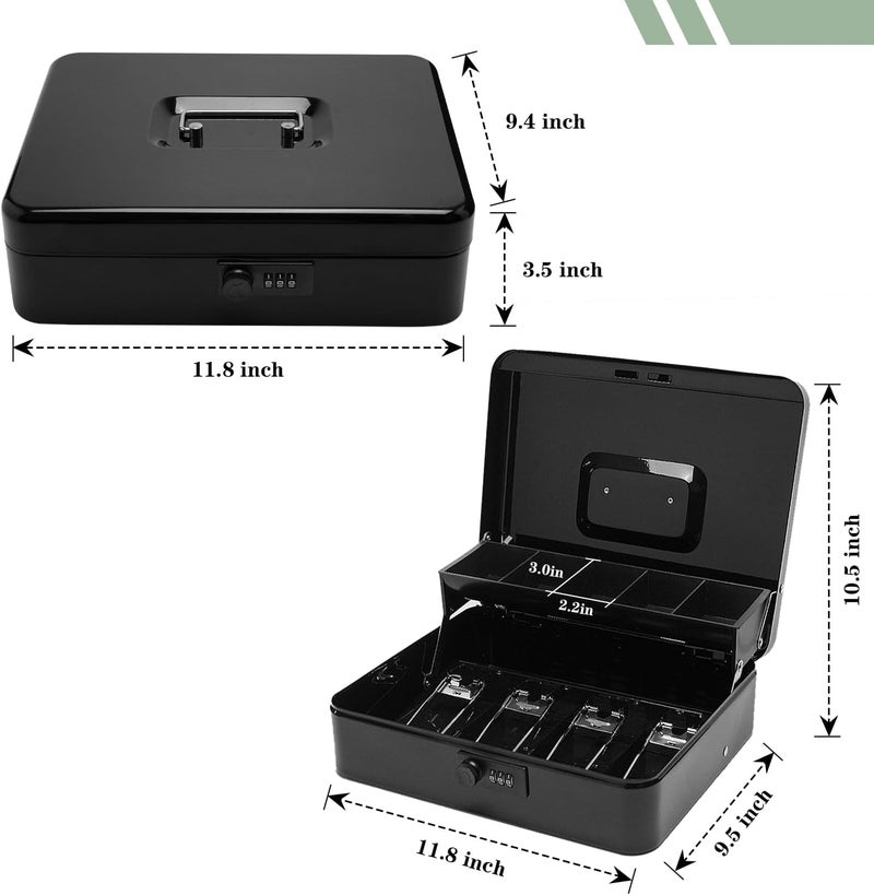 PACOLO Secure Locking Cash Box with Key or comnination, Money Tray, and Organizer - Metal Money Safe for Cash Management, 11.8" x 9.4" x 3.5" (Black Combination) - Image 2